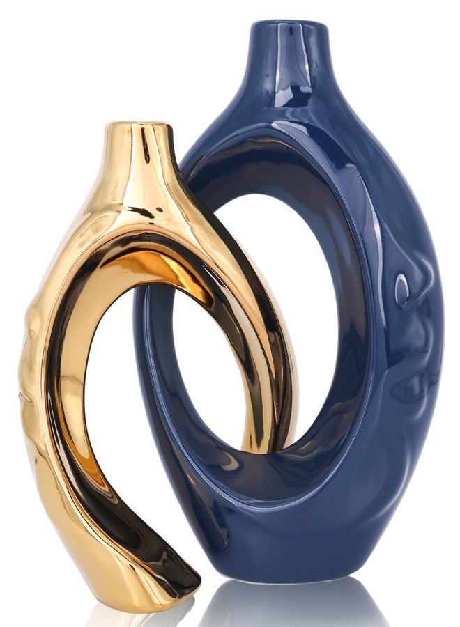 oliruim Navy Blue Home Decor Ceramic Vase, Navy Blue Gold Round Vase with Holes Set of 2, Suitable for Wedding Entrance Decoration, Bookshelf, Mantel, Unique Home Decor (Blue Gold) - Image 1